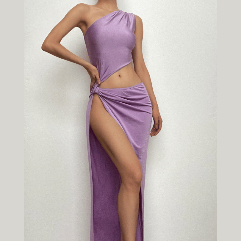 One Shoulder Knotted Waist Side Cutout Ruched High Slit Floor Length Maxi Dress