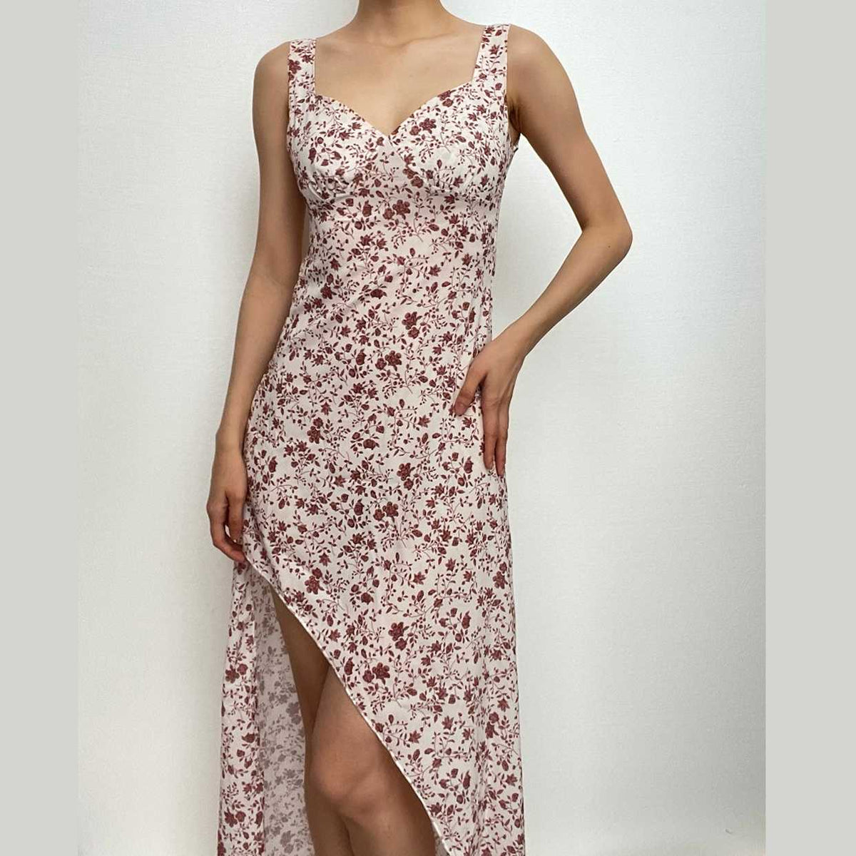 Sweetheart Neck Wide Strap Ditsy Floral Print Side Slit Maxi Dress