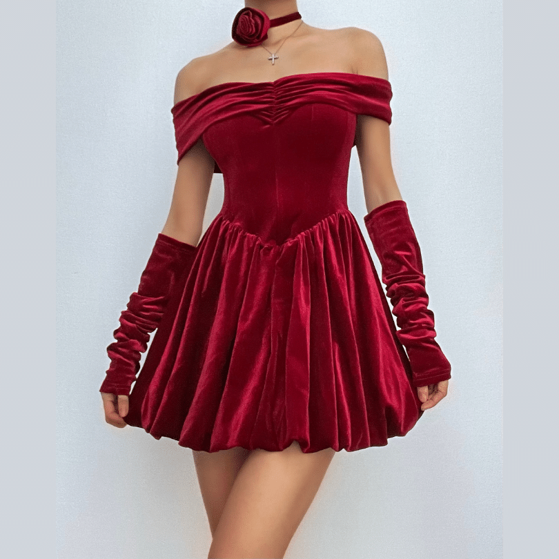 Off Shoulder Ruched Zip Long Sleeve Bubble Hem Mini Dress