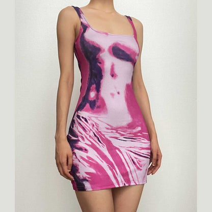 Scoop Neck Spaghetti Strap Trompe Loeil Body Print Bodycon Mini Dress
