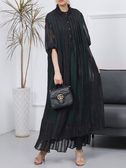 Ruffled Collar Button Placket Bishop Sleeve Tiered Pleated Stripe Maxi Dress