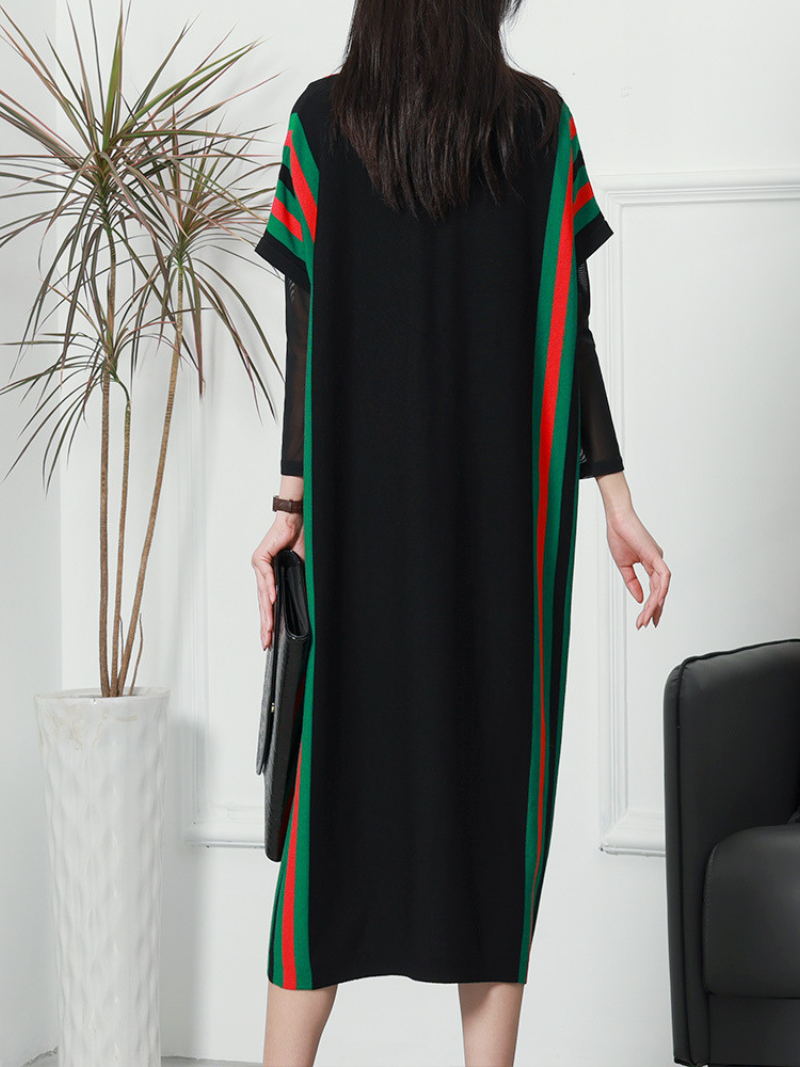 Deep V Contrast Stripe Panel Layered Mock Neck Knit Midi Dress