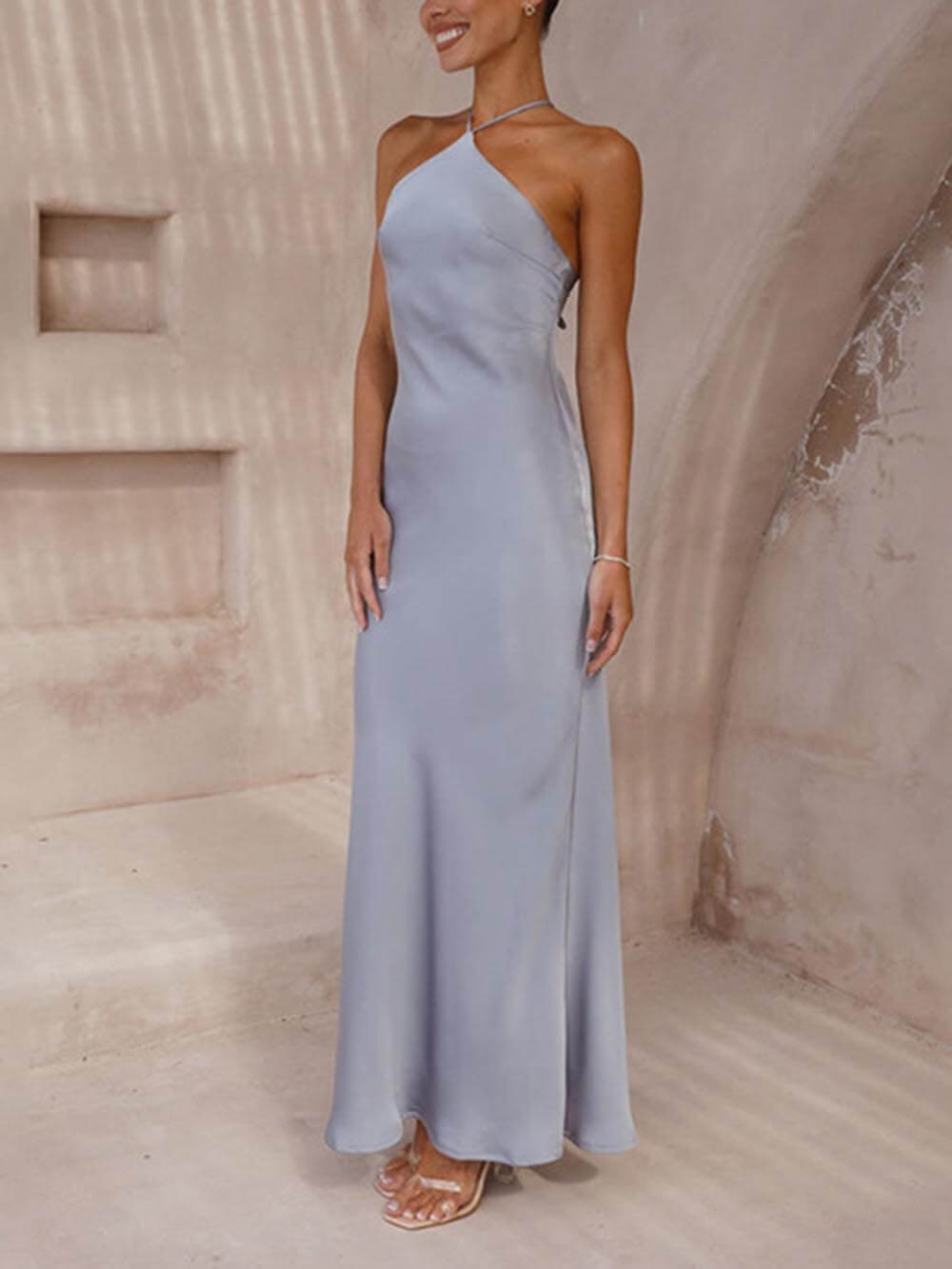 Halter Neck Spaghetti Strap Satin Column Midi Dress