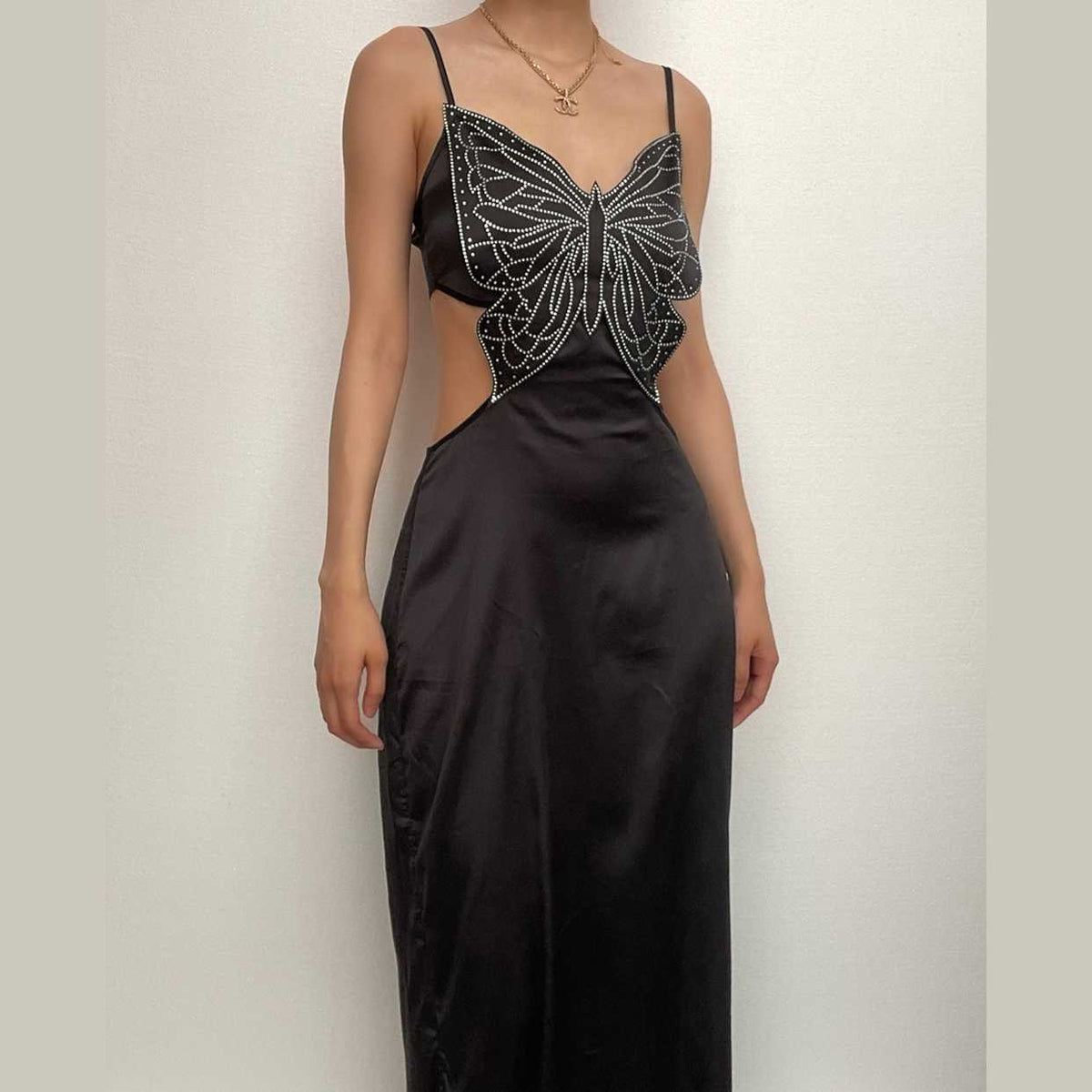 Rhinestone Butterfly Motif Spaghetti Strap Waist Cutout Satin Maxi Dress