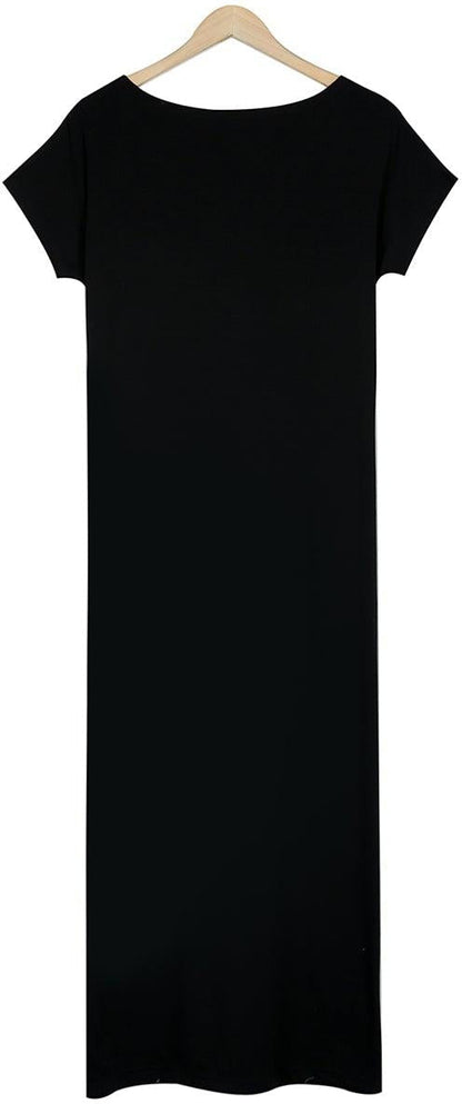 Boat Neck Dolman Sleeve Oversized Pocket Maxi Shirt Dress