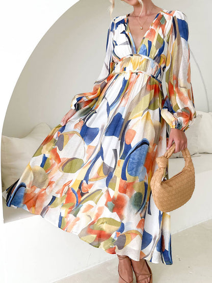 Abstract Brushstroke Print Deep V-Neck Lantern Sleeve Empire Waist Maxi Dress