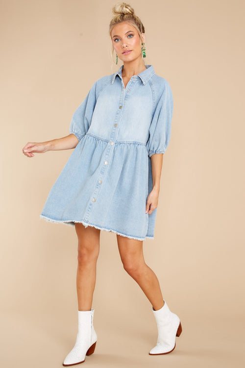 Collar Raglan Puff Sleeve Snap Front Denim Babydoll Dress