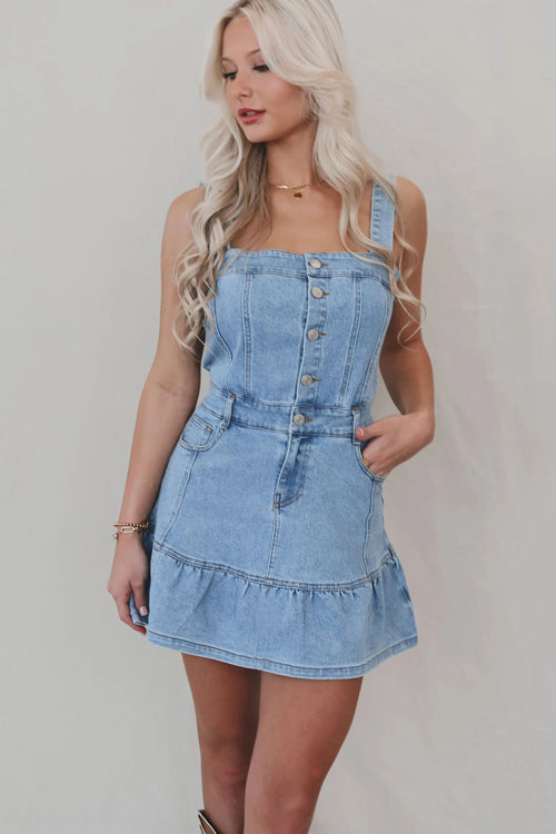 Square Neck Button Front Pocket Tiered Ruffle Denim Mini Dress