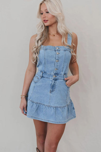 Square Neck Button Front Pocket Tiered Ruffle Denim Mini Dress