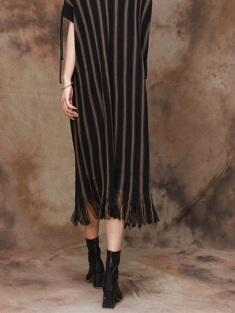 Round Neck Drop Shoulder Striped Fringe Hem Knit Maxi Dress