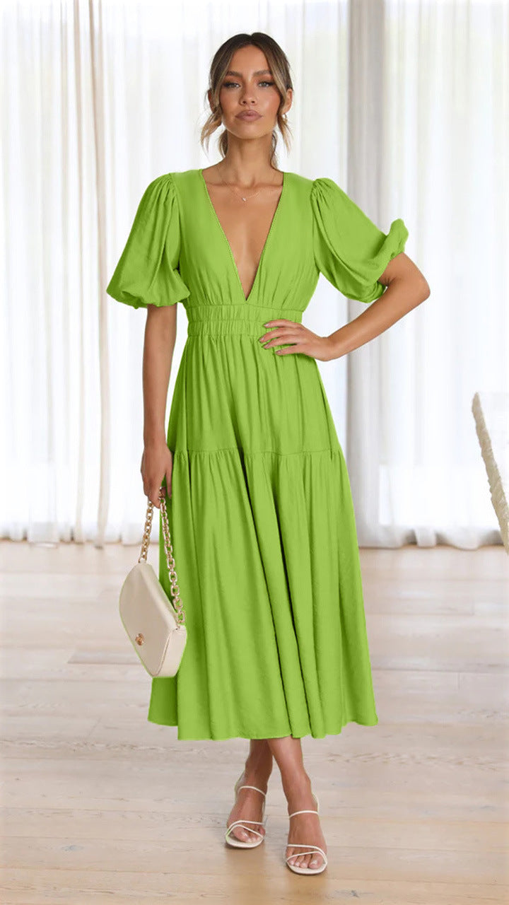 Deep V Neck Puff Sleeve Smocked Waist Tiered Midi Dress