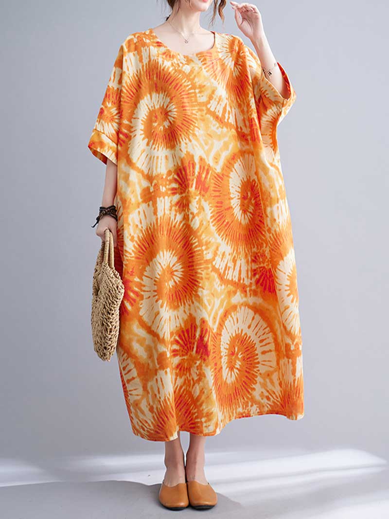 Round Neck Short Sleeve Sunburst Print Oversized Midi Dress