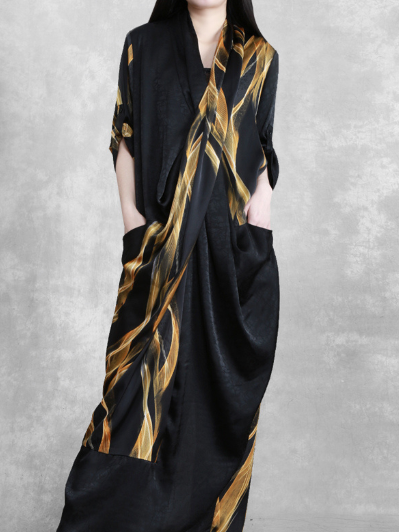 Deep V Neck Abstract Flame Print Oversized Pocket Maxi Dress