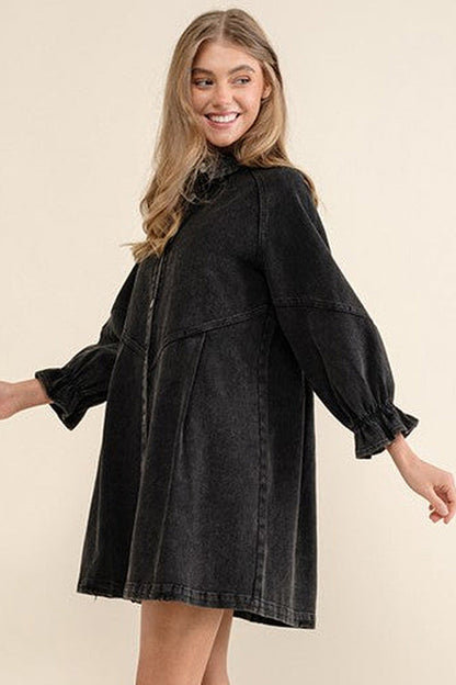 Denim Button Front Chevron Yoke Ruffle Cuff Shirt Mini Dress