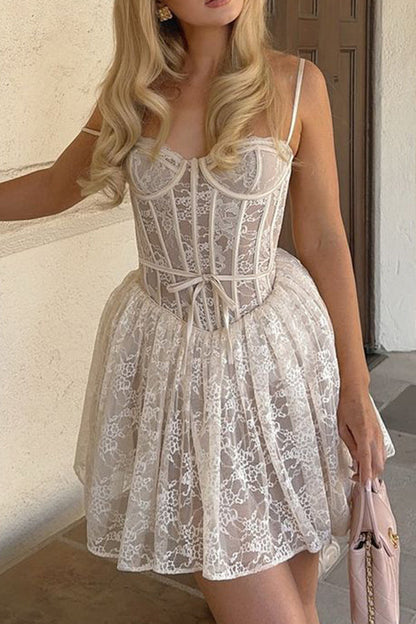 Lace Corset Bow Sash Tiered Babydoll Mini Dress