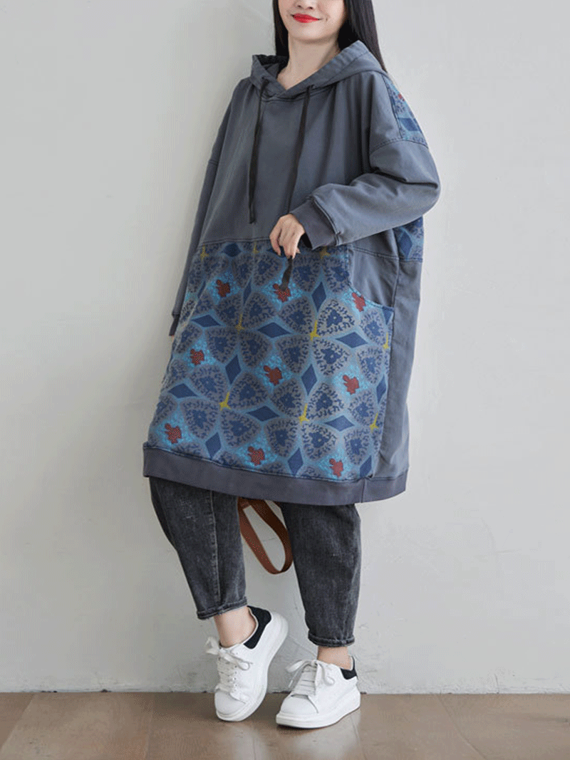 Hooded Kangaroo Pocket Geometric Print Oversized Mini Sweatshirt Dress
