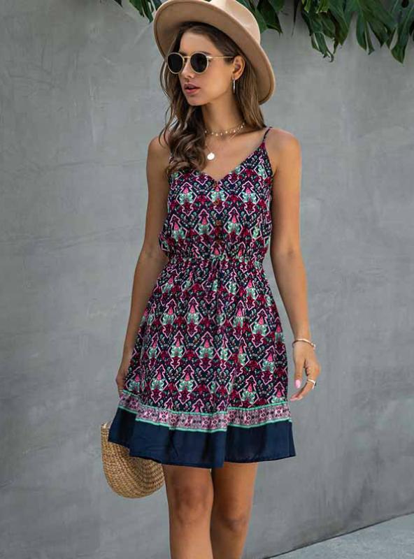Lossky Summer Women's Cotton Mini Sundress with Button Detail