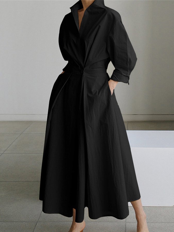 Long Sleeve Wrap Front Deep V-Neck Pleated Maxi Shirt Dress