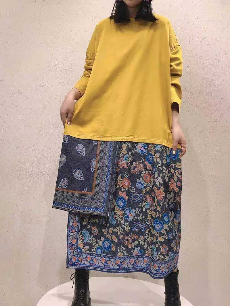 Crew Neck Long Sleeve Solid Patchwork Border Floral Midi Sweatshirt Dress
