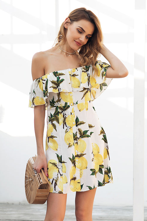 Off Shoulder Ruffle Button Front Fruit Print Mini Dress