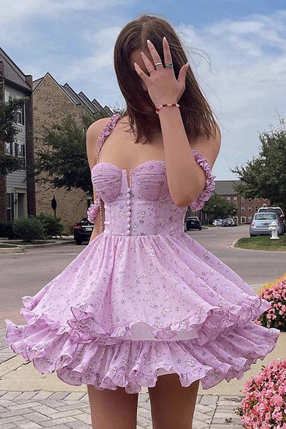 Ruffled Floral Print Mini Dress
