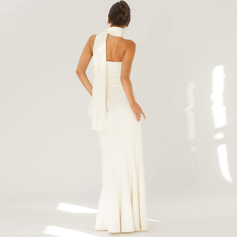 Strapless Straight Bandeau Trumpet Hem Matching Neck Scarf Maxi Gown