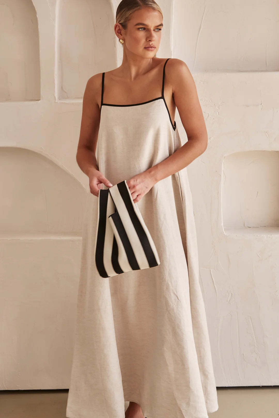 Linen Spaghetti Strap Contrast Trim Voluminous A-Line Maxi Dress