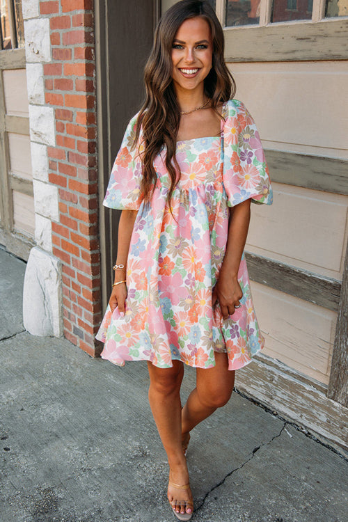 Square Neck Puff Sleeve Ditsy Floral Empire Babydoll Mini Dress