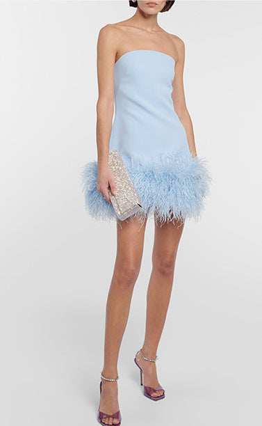 Strapless Tube Ostrich Feather Trim Bodycon Cocktail Mini Dress