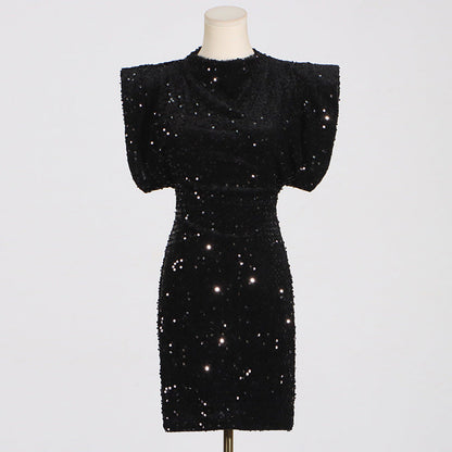 Structured Shoulder Crew Neck Sequin Mini Dress