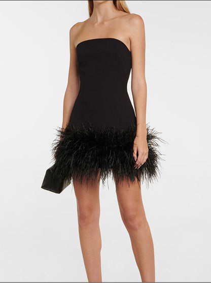 Strapless Bandeau Ostrich Feather Trim Bodycon Mini Dress