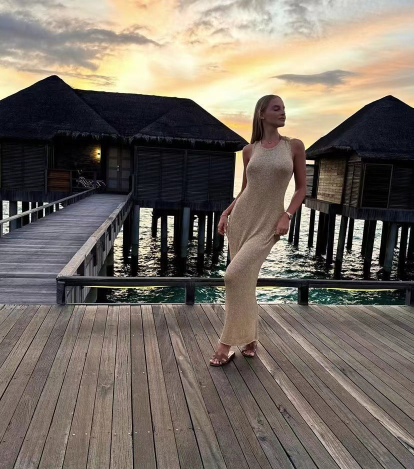 Sleeveless High Neck Shimmer Knit Glitter Bodycon Maxi Dress