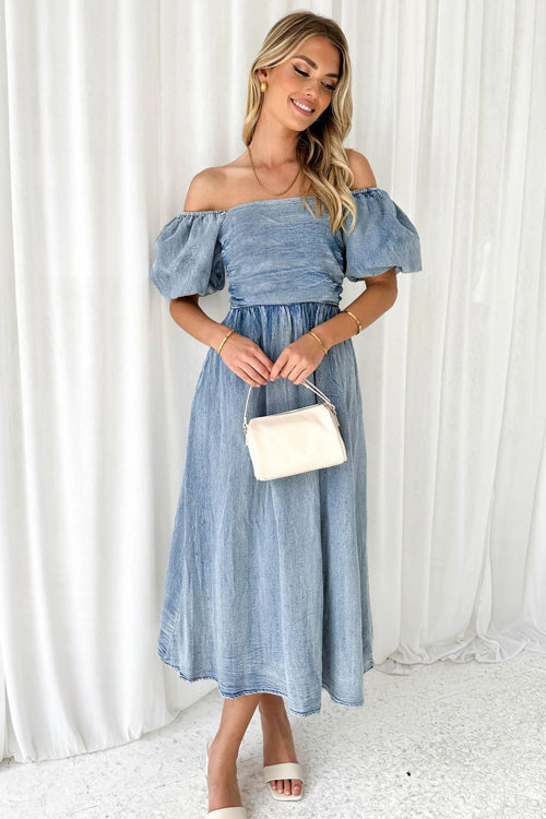 Strapless Denim Corset Button Front Midi Dress