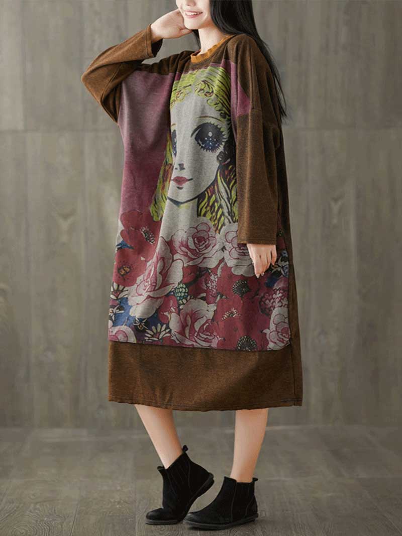 Round Neck Long Sleeve Graphic Knit Bodycon Midi Dress