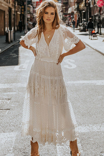 V Neck Short Sleeve Swiss Dot Lace Tiered Scalloped Hem Maxi Dress