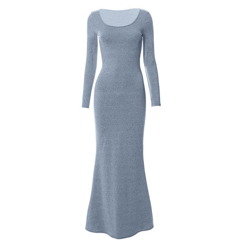 Scoop Neck Long Sleeve Mermaid Hem Knit Bodycon Maxi Dress