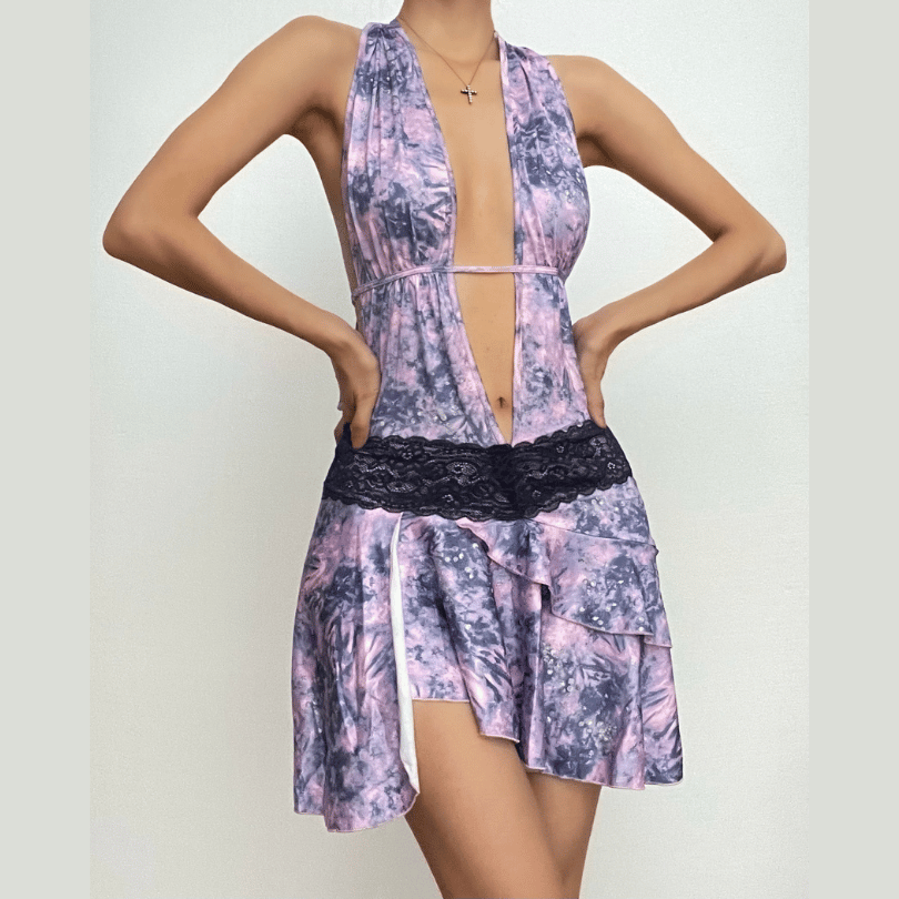 Halter Deep V Neck Lace Waist Ruffle Skirt Tie Dye Mini Dress
