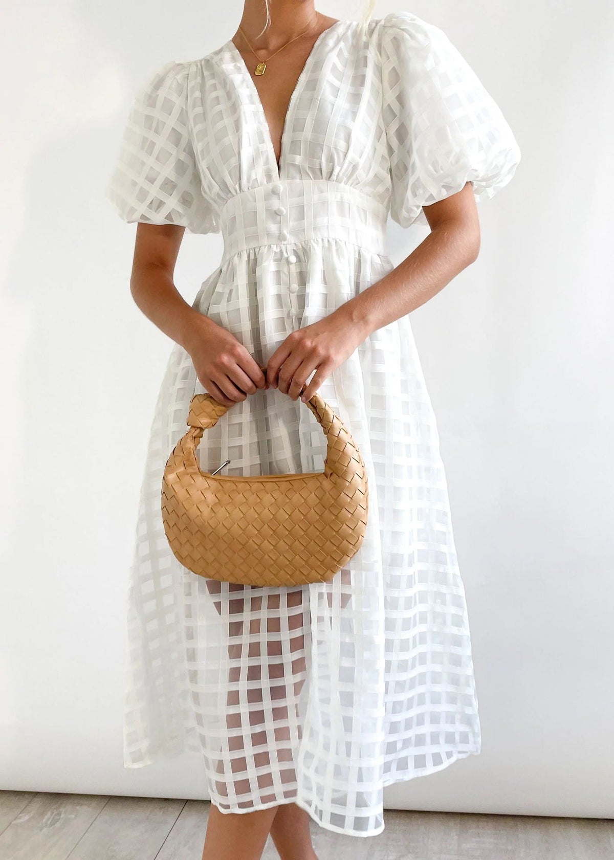 Plunge V-Neck Puff Sleeve Button Front Grid Texture Midi Dress