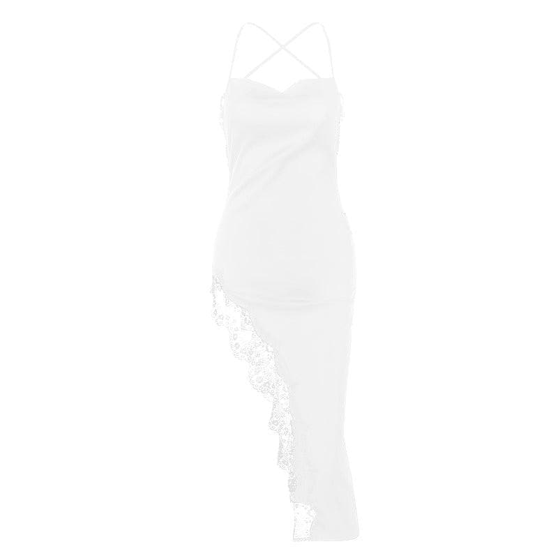 Spaghetti Strap Square Neck Lace Trim High Slit Satin Slip Midi Dress