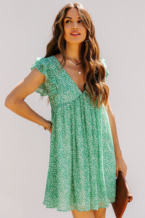 Deep V Neck Ditsy Floral Flutter Sleeve Empire Waist Mini Dress