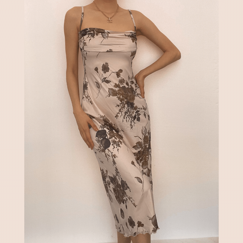 Square Neck Spaghetti Strap Classic Floral Print Lettuce Hem Midi Slip Dress