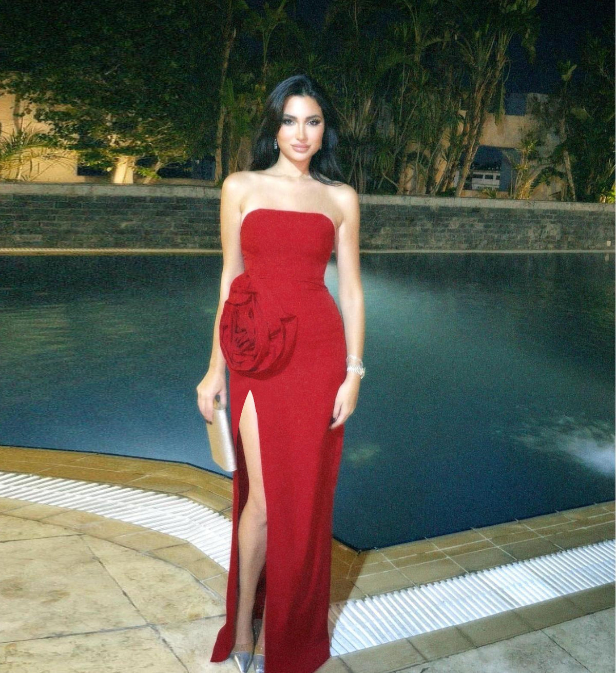 Strapless Sweetheart Rosette Applique High Slit Column Maxi Dress