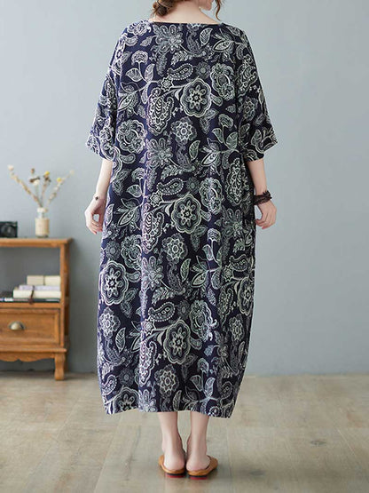 V Neck Batwing Sleeve Abstract Print Kaftan Midi Dress