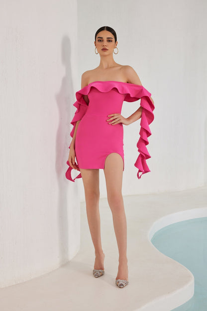 Nessa Off Shoulder Ruffle Mini Bandage Dress - Pink