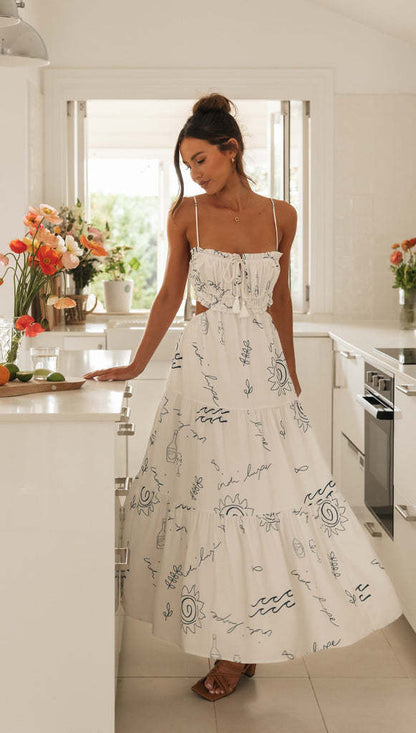 Spaghetti Strap Smocked Ruffle Neck Graphic Print Side Cutout Tiered Maxi Dress