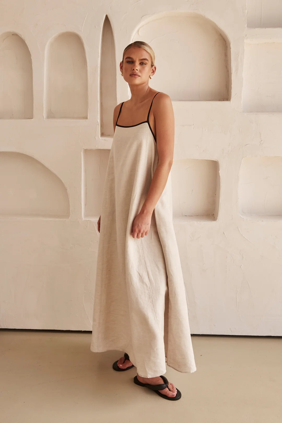 Linen Spaghetti Strap Contrast Trim Voluminous A-Line Maxi Dress