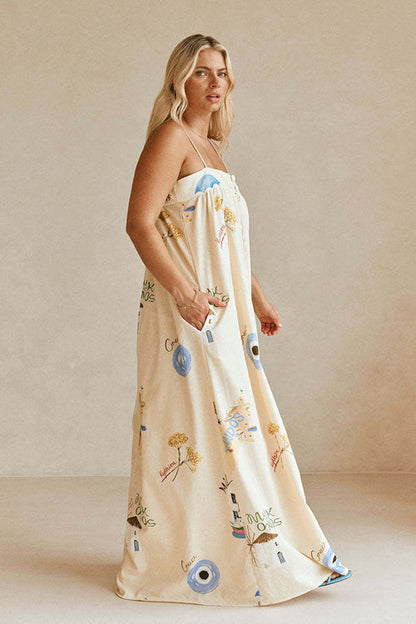 Square Neck Mediterranean Travel Print Pocket Maxi Dress