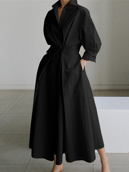 Collared Deep V-Neck Puff Sleeve Pleated A-Line Midi Shirt Dress