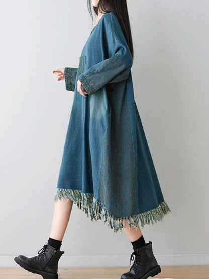Square Neck Denim Patchwork Pocket Midi Dress