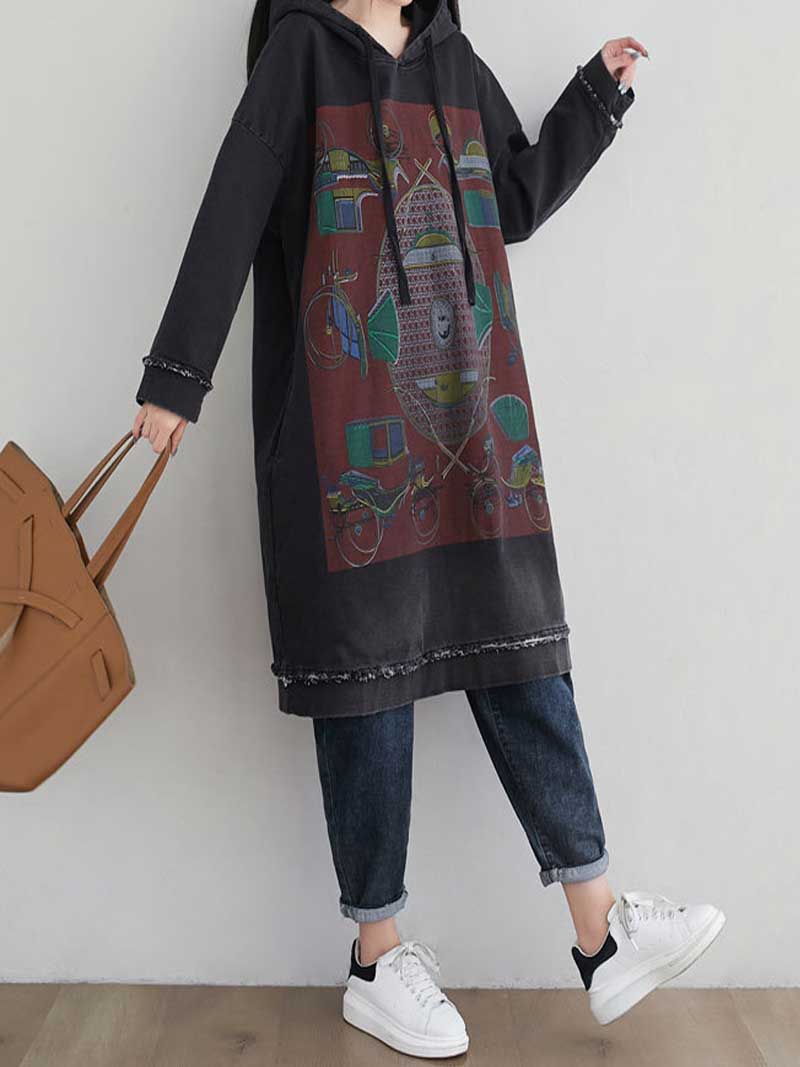 Hooded Drawstring Frayed Hem Graphic Print Oversized Sweatshirt Midi Dress